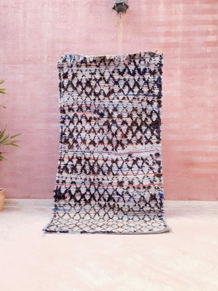 Vintage Moroccan Rug  3.8x7.5 Rare Azilal Berber Boucherouite rug, tribal rug bedside rug bedroom rug living room rug vintage accent rug