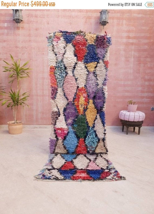 Vintage Moroccan Rug, colorful boucherouite runner rug, pretty happy runner rug, berber unique rug