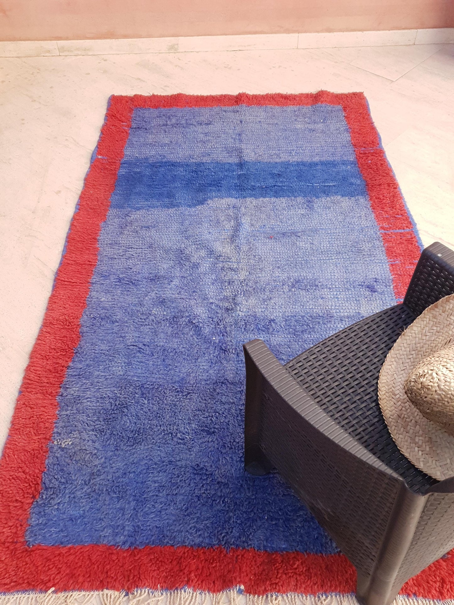 Vintage Moroccan Rug 4.8x8 | Minimal Blue Red Boujaad Rug | Modern Tribal Rug | One-of-a-Kind Berber Carpet