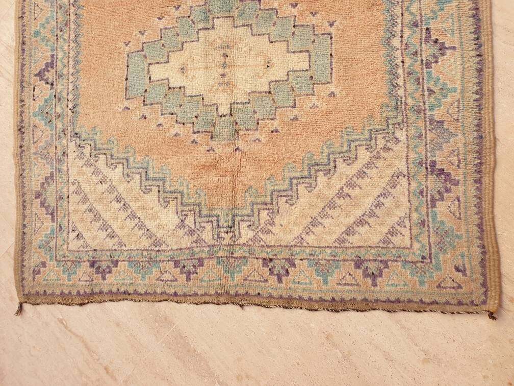Vintage Moroccan rug 5x8.5 Precious Blush teal lavender Rug, Peach boujaad rug, Unique Taznakht rug
