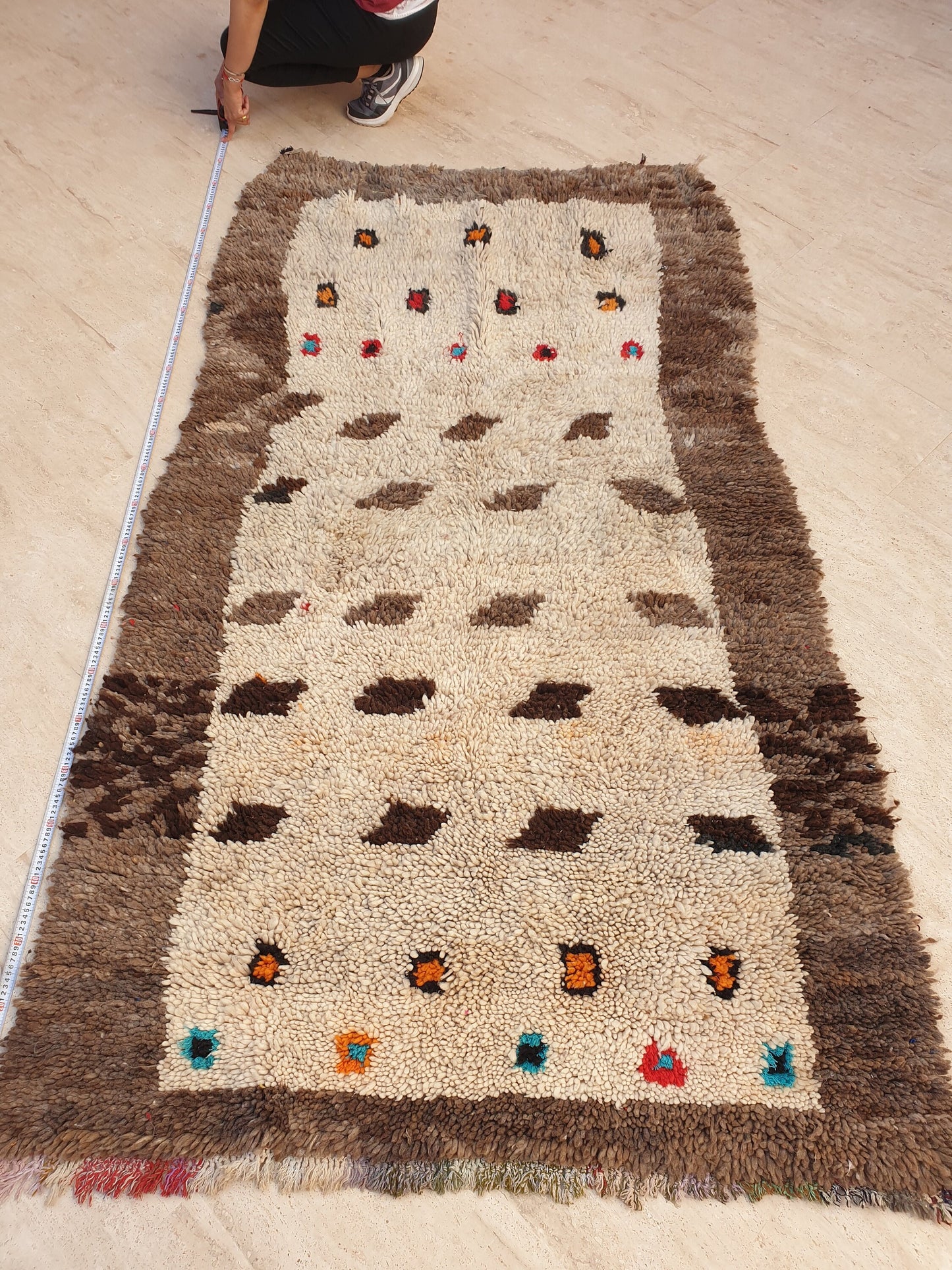 Stunning vintage moroccan rug 4.4x8 ft Abstract brown tribal rug, Brown beige neutral handmade rug