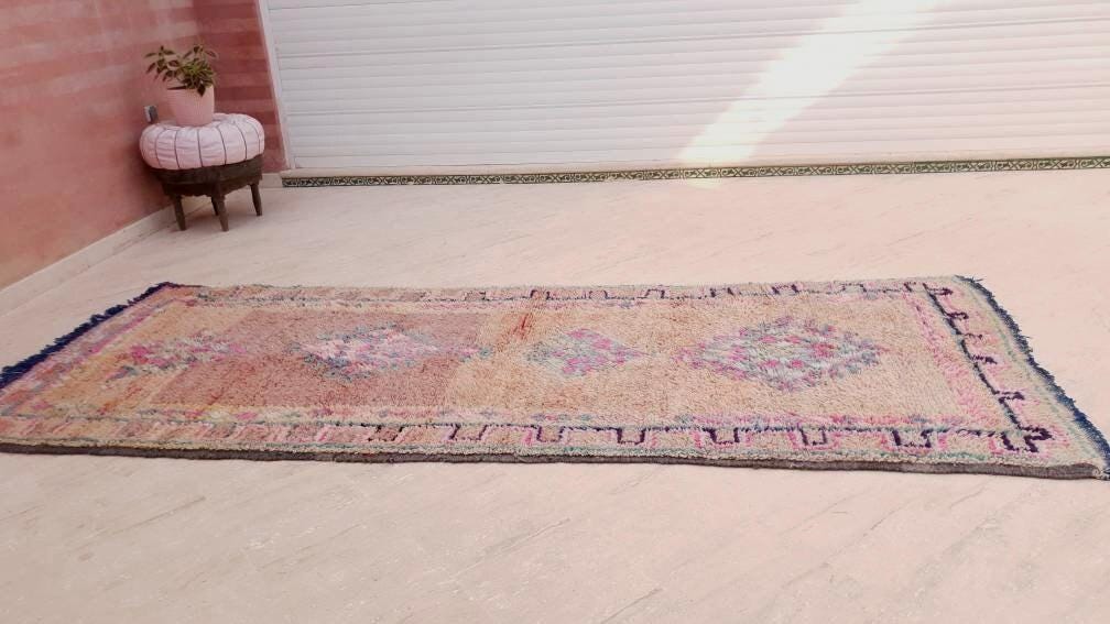 50% OFF CLOSING SALE Vintage Moroccan rug 4x10.2 Gorgeous Boujaad rug, Blush Aqua Beige Pink pastels rug vintage berber boujad hallway rug